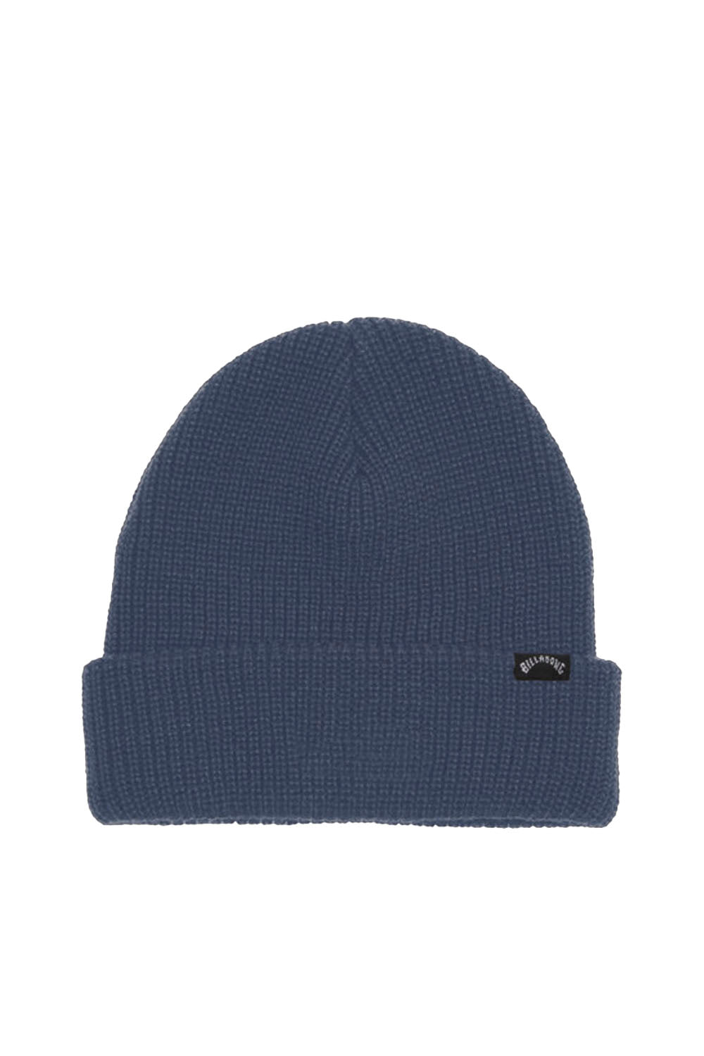 A navy blue ribbed knit beanie hat with a folded cuff and a small black brand patch on the side, shown against a plain white background.