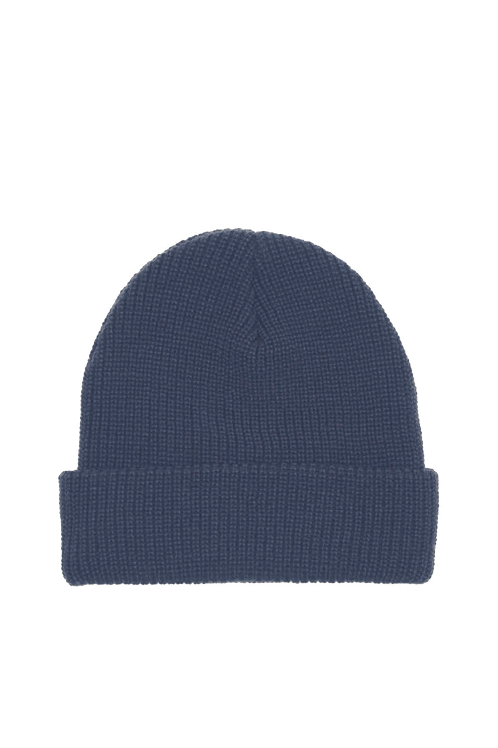 A navy blue ribbed knit beanie hat, shown flat against a solid white background.