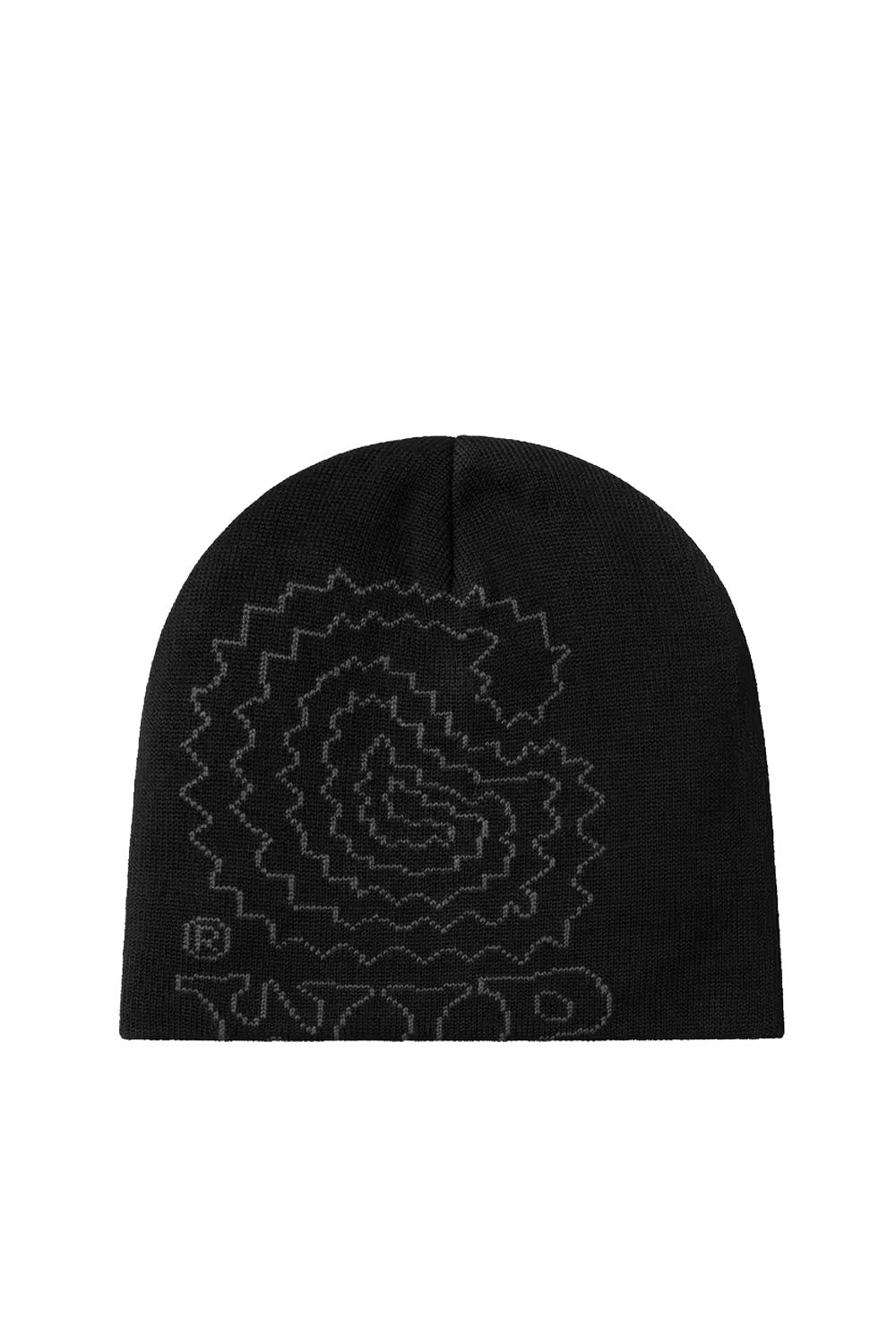 A black knit beanie featuring a tonal, zigzag patterned graphic of the iconic Mount Hood logo on the front, with a small registered trademark symbol and the word 'MOUNT' visible on the lower left.