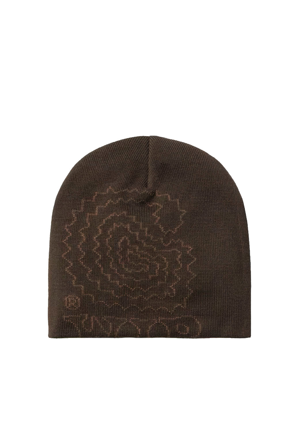 A dark brown knit beanie hat featuring a tonal brown geometric spiral pattern and the brand name 'TEND' in a stylized font on the lower left side.