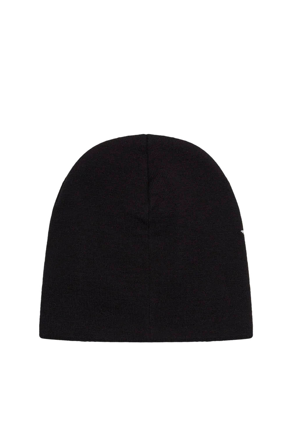 A black knit beanie hat shown from the back against a plain white background.