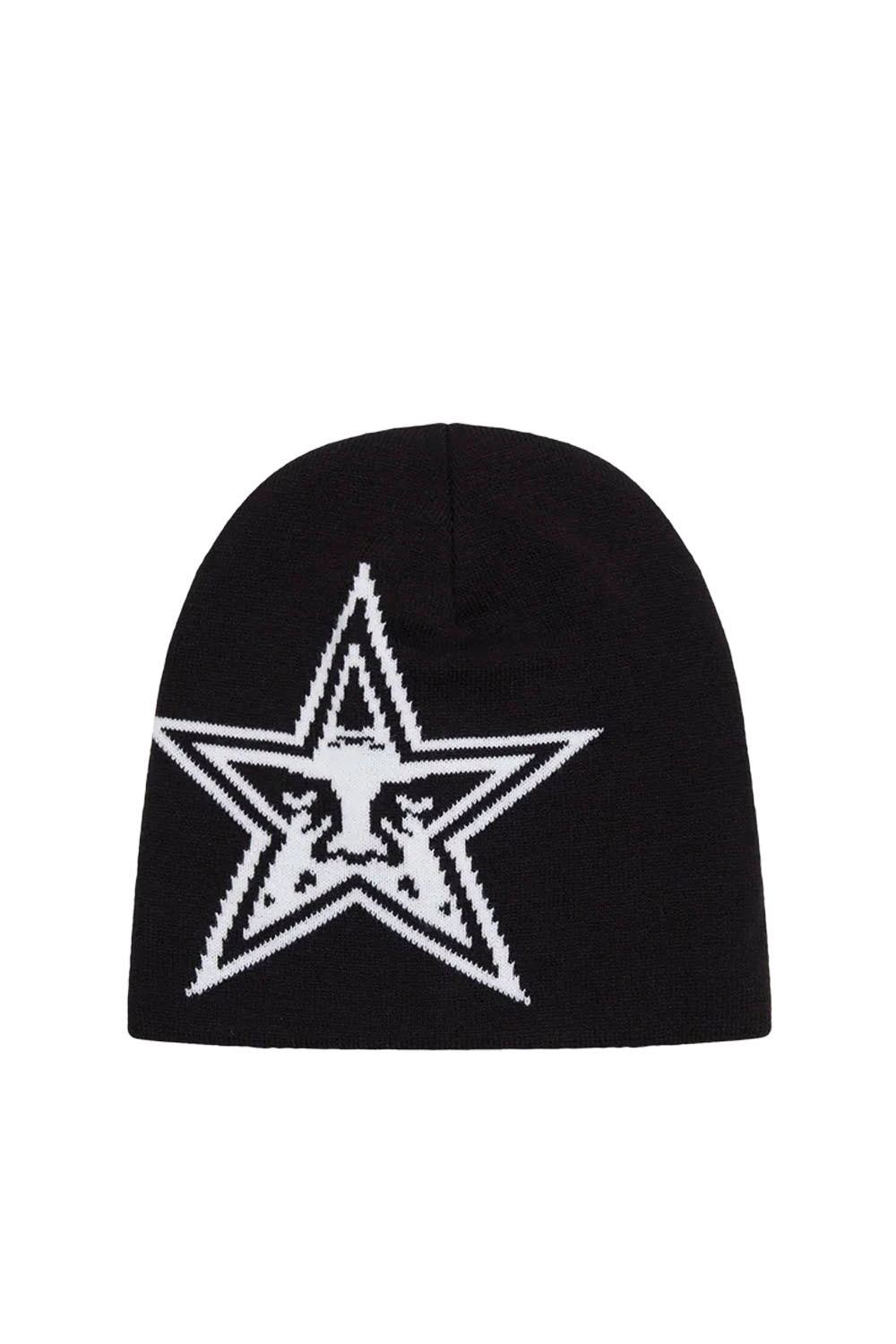 A black knit beanie featuring a large white embroidered star with a bull logo in the center, displayed against a solid white background.