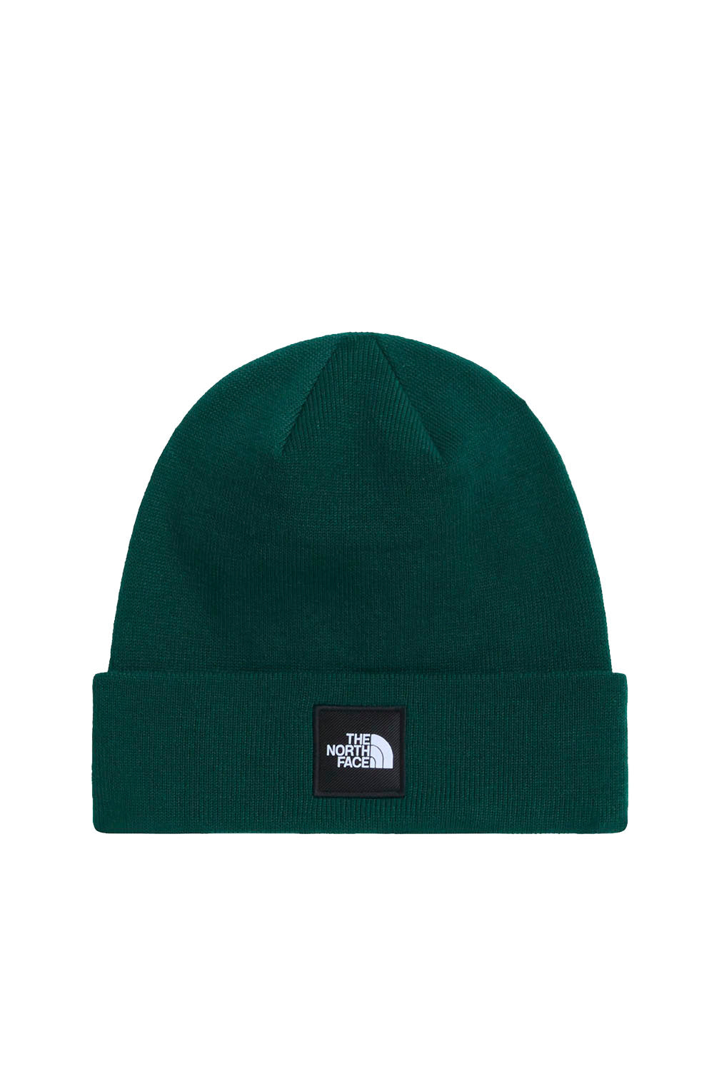 A dark green knit beanie hat with a folded cuff and a black square patch on the front featuring the white text 'THE MINNE FACE'.