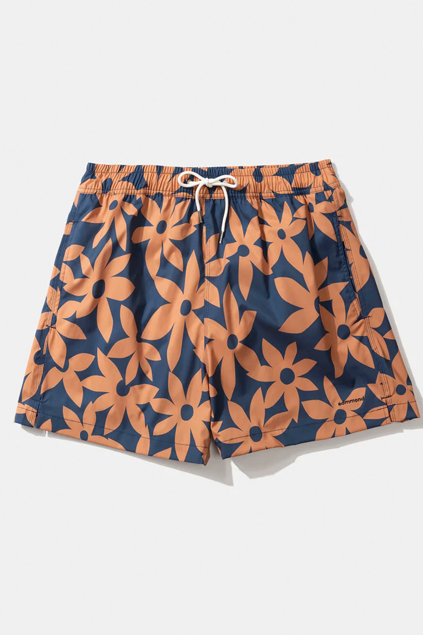EDMMOND Lily Boardshort Plain Navy – Allover lily print boardshort with embroidered mini logo, product view
