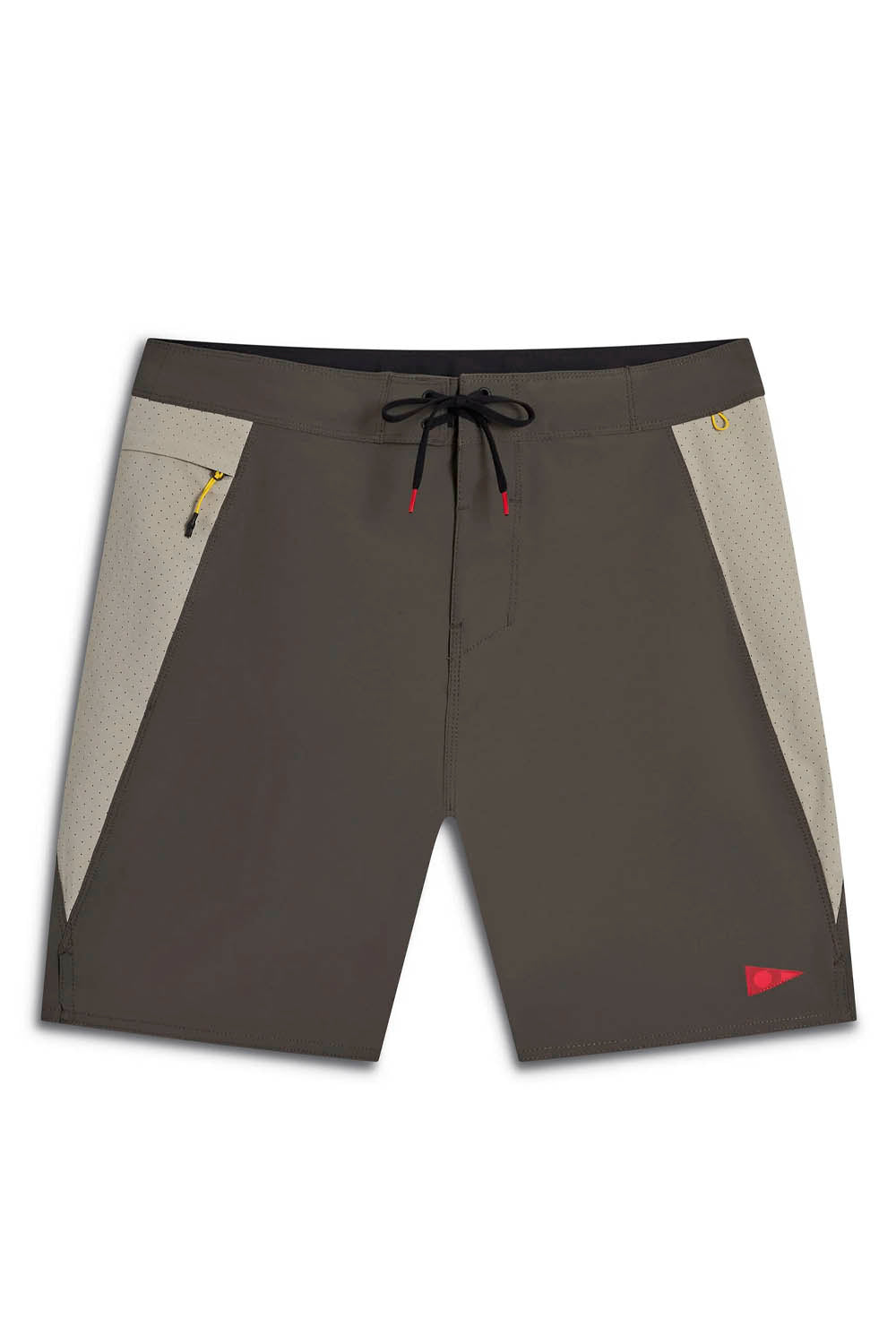 Gray shorts with a small red flag logo on a white background