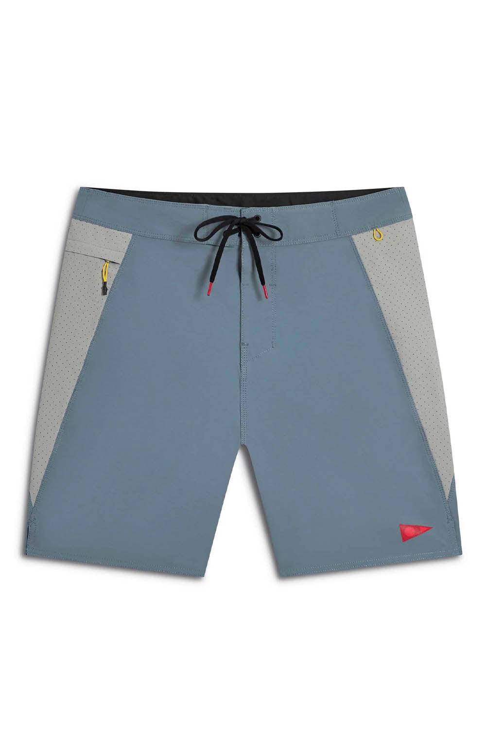 Gray shorts with a small red logo on a white background