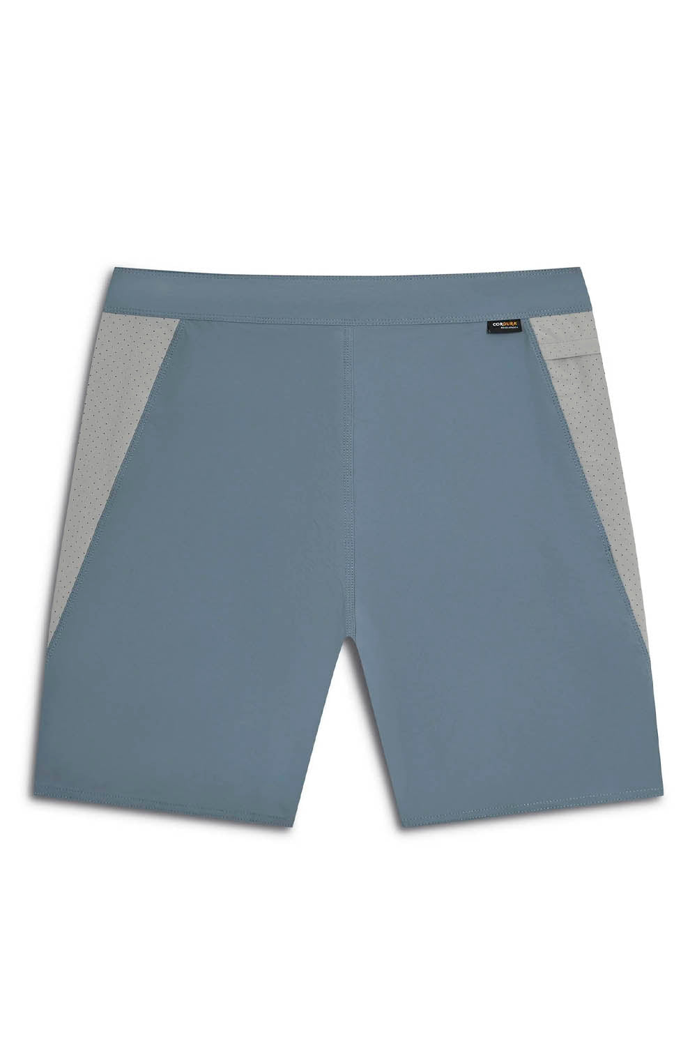 Gray athletic shorts with a small logo on a white background