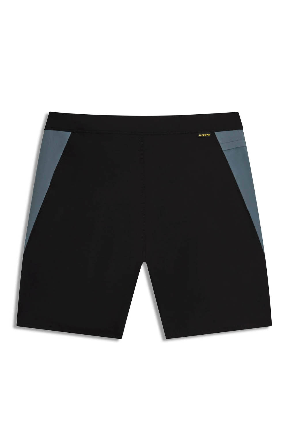 Black athletic shorts with gray accents on a white background