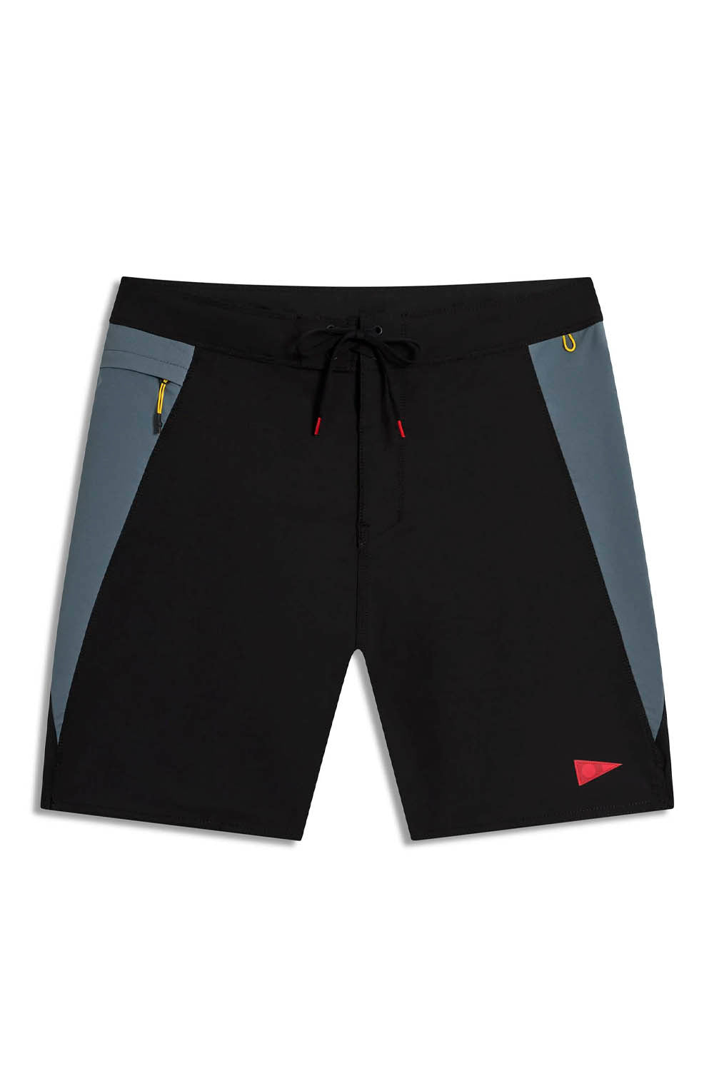 Black shorts with gray panels and a red triangle logo on a white background