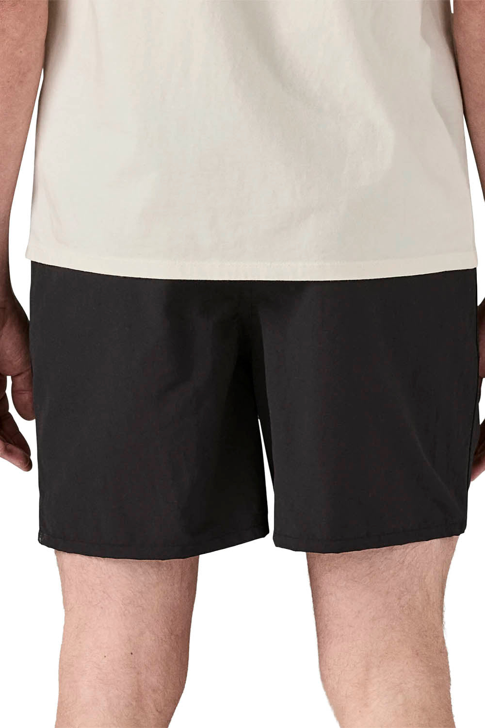 Black athletic shorts worn by a model, shown from the waist down against a plain white background.