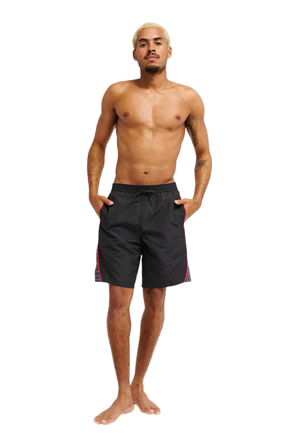 Man wearing black swim shorts on a white background