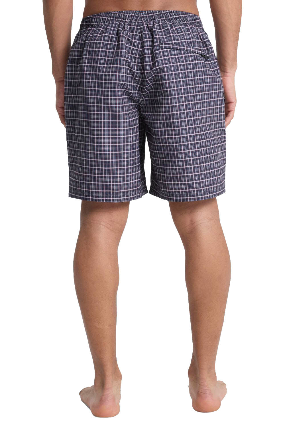 Person wearing blue checkered shorts on a white background