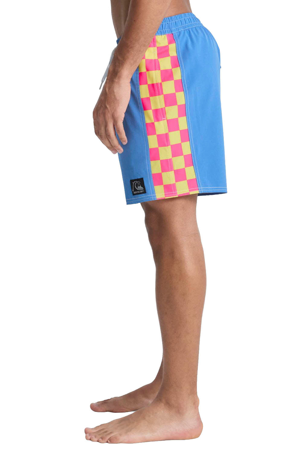 Blue swim shorts with a pink and yellow checkered pattern on a white background