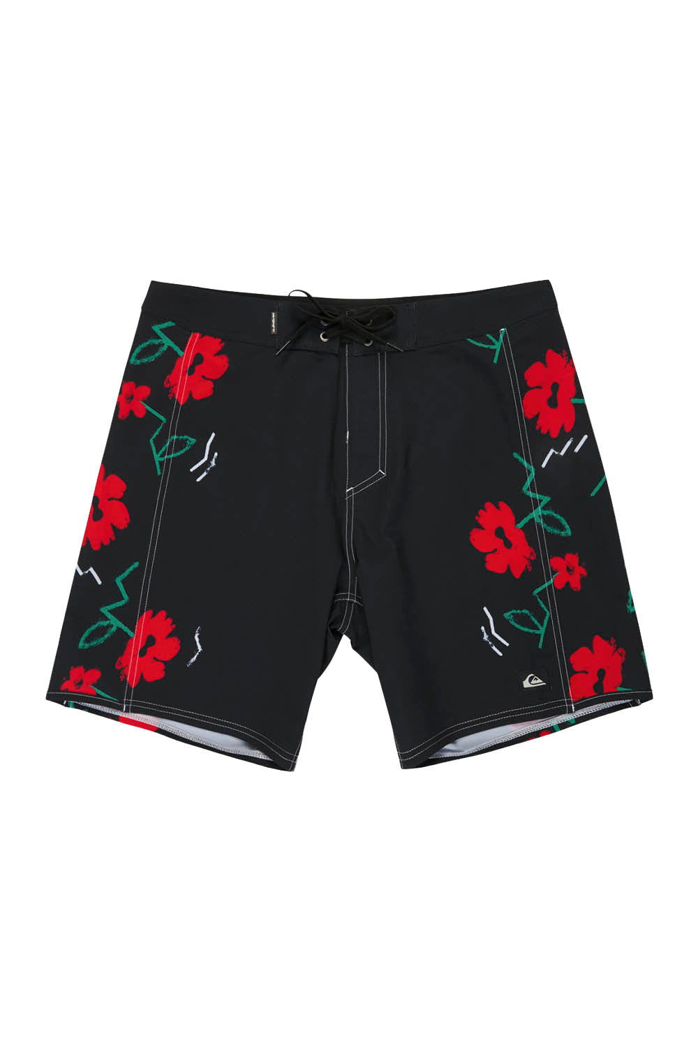 Black shorts with red floral patterns on a white background