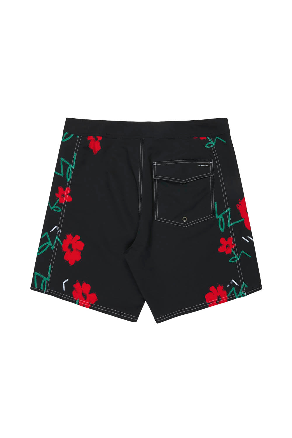 Black shorts with red floral patterns on a white background