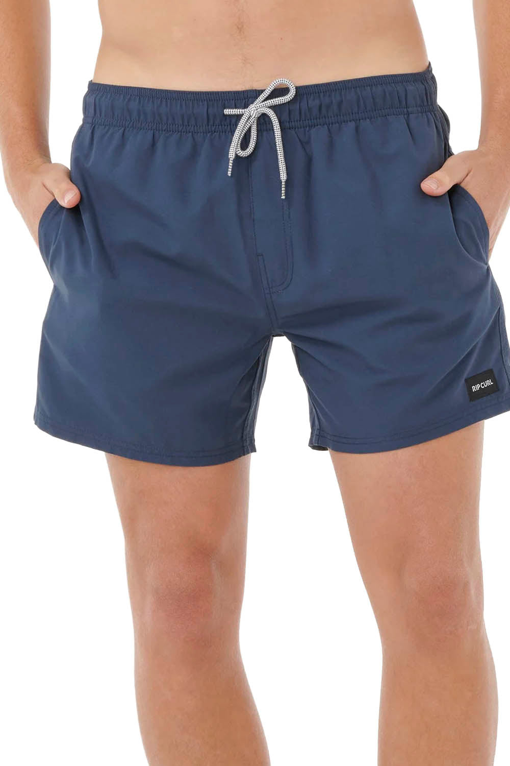 Man wearing navy Rip Curl Offset 15 volley boardshort on a white background