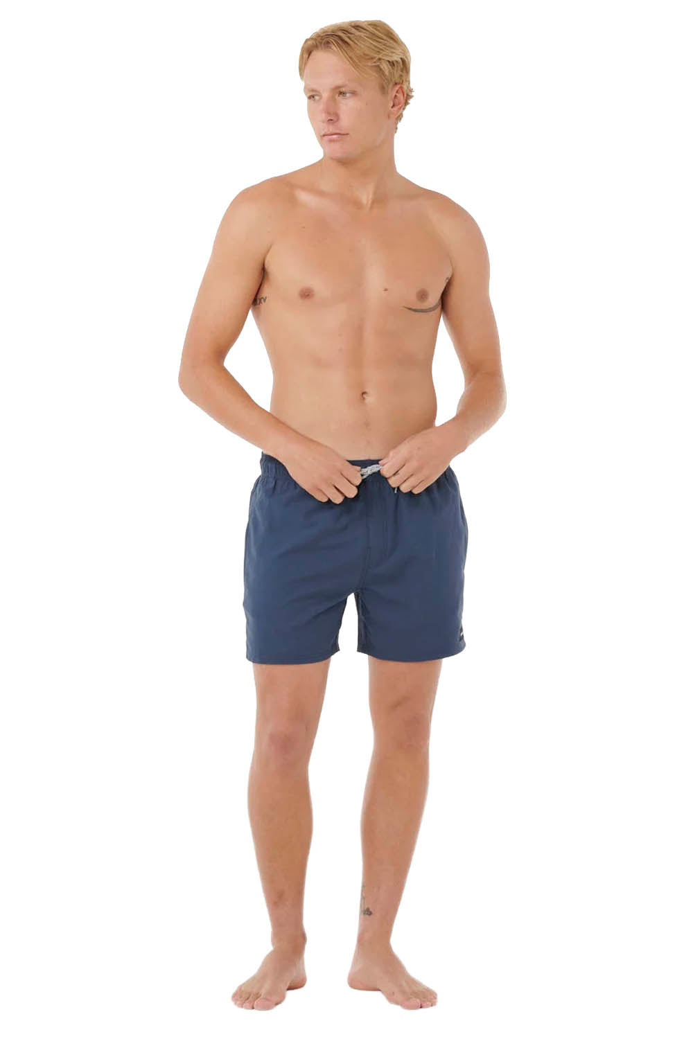 Man wearing navy Rip Curl Offset 15 volley boardshort on a white background