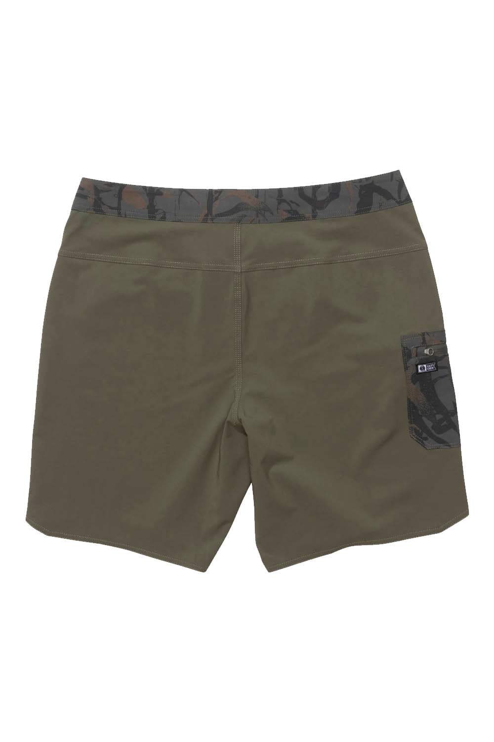 Green shorts with a camouflage waistband on a white background
