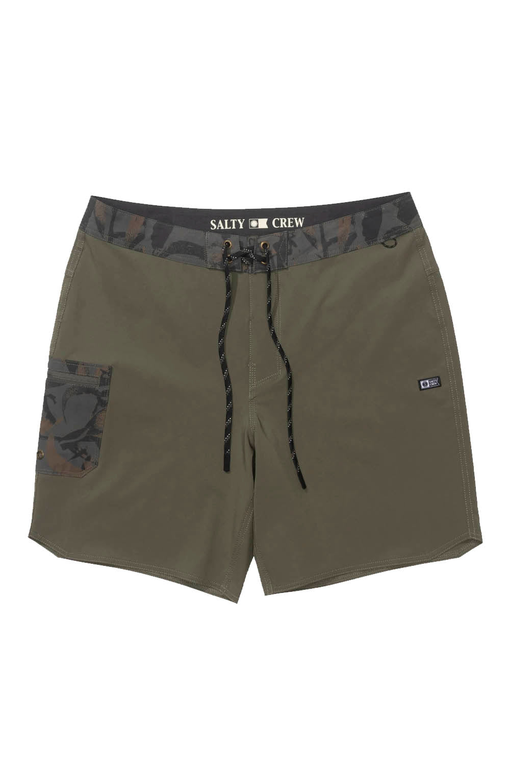 Olive green shorts with camouflage accents and 'Salty Crew' branding on a white background
