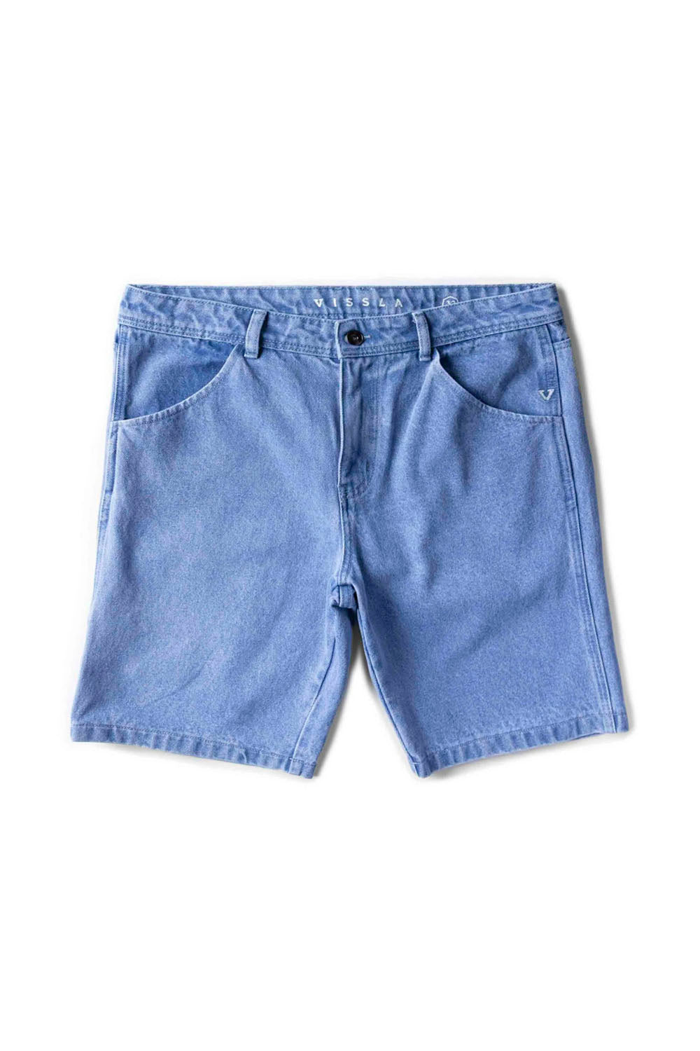 Blue denim shorts on a white background