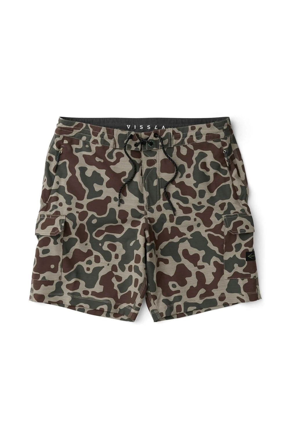 Camouflage shorts with a brand logo on a white background