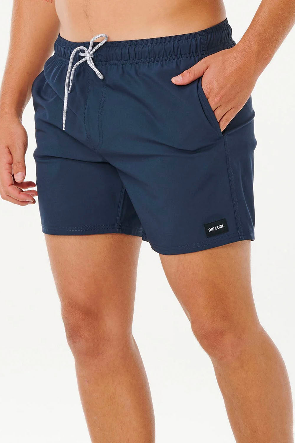 Navy blue swim shorts with a brand logo on a white background