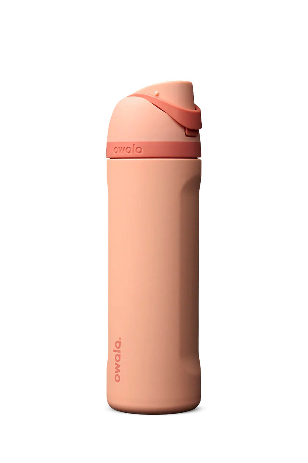 A peach-colored Owala water bottle with a matching lid and carry loop, shown on a clean white background.