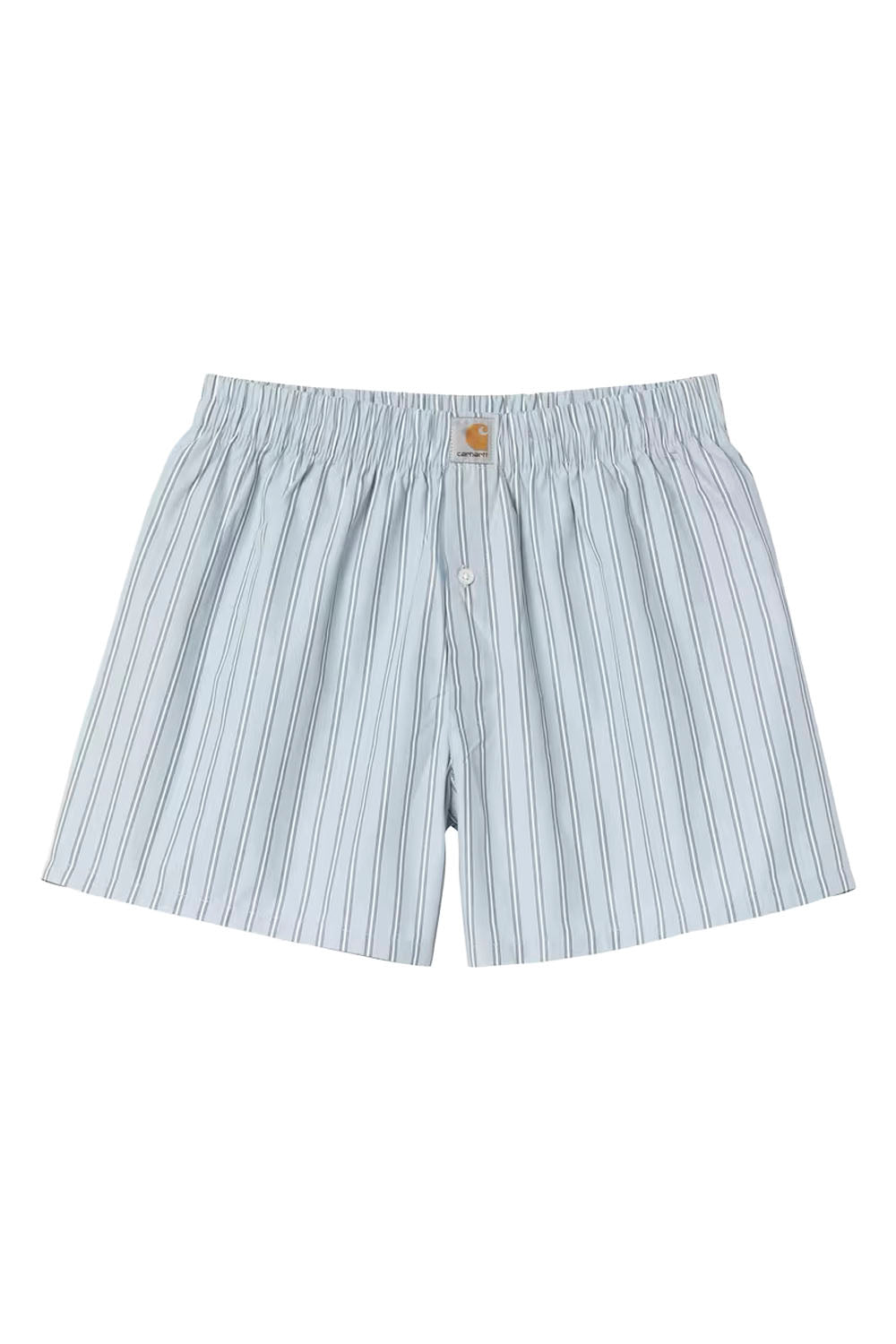 Carhartt boxers with vertical light blue and white stripes, featuring an elastic waistband and a small brown Carhartt logo patch at the center front.