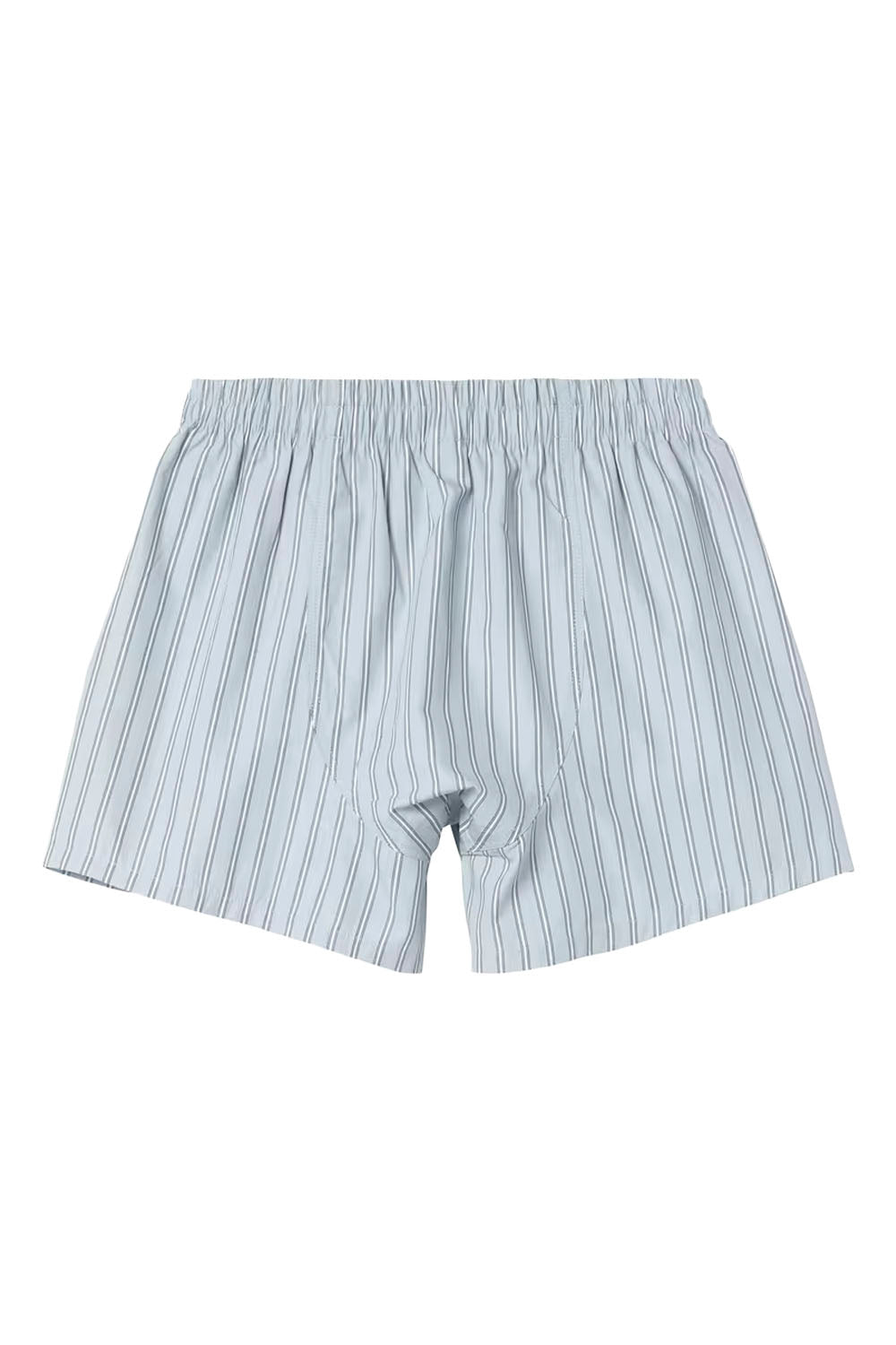 Light blue and white vertically striped boxer briefs with an elastic waistband, shown flat against a white background.