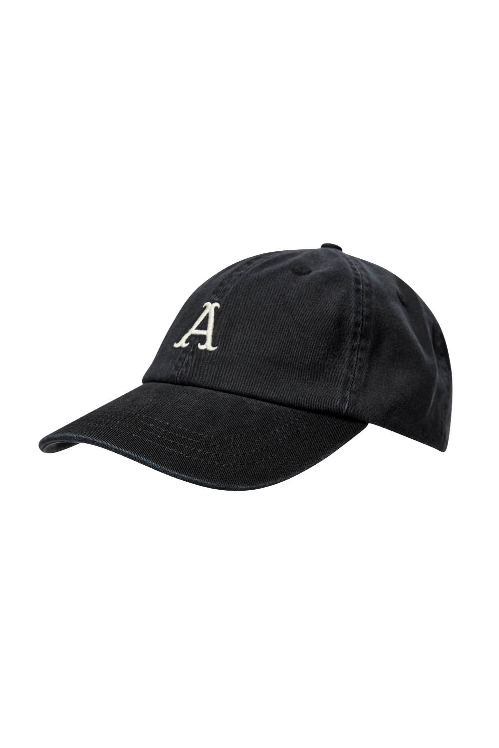 A black cotton baseball cap featuring a white embroidered letter 'A' on the front, set against a plain white background.