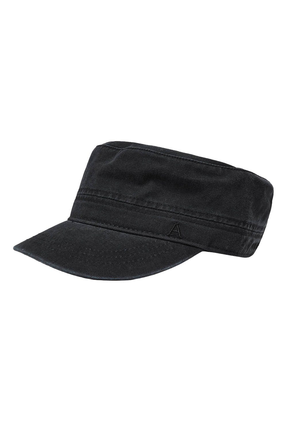 A black military-style flat cap with a curved brim, shown from a three-quarters angle on a plain white background.