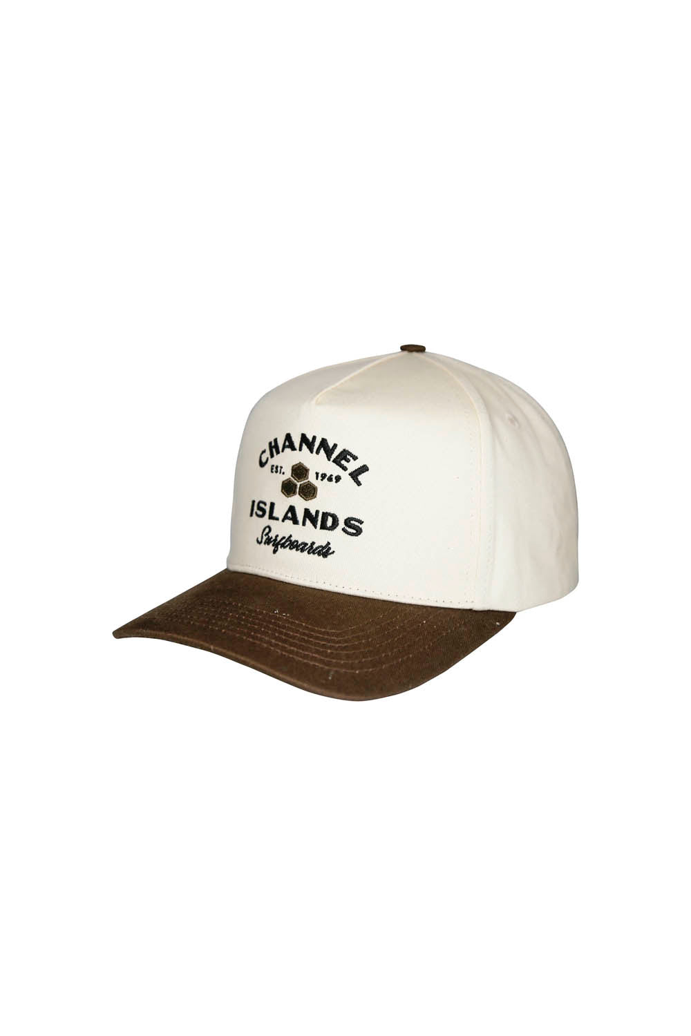 White cap with brown visor and black text on a white background