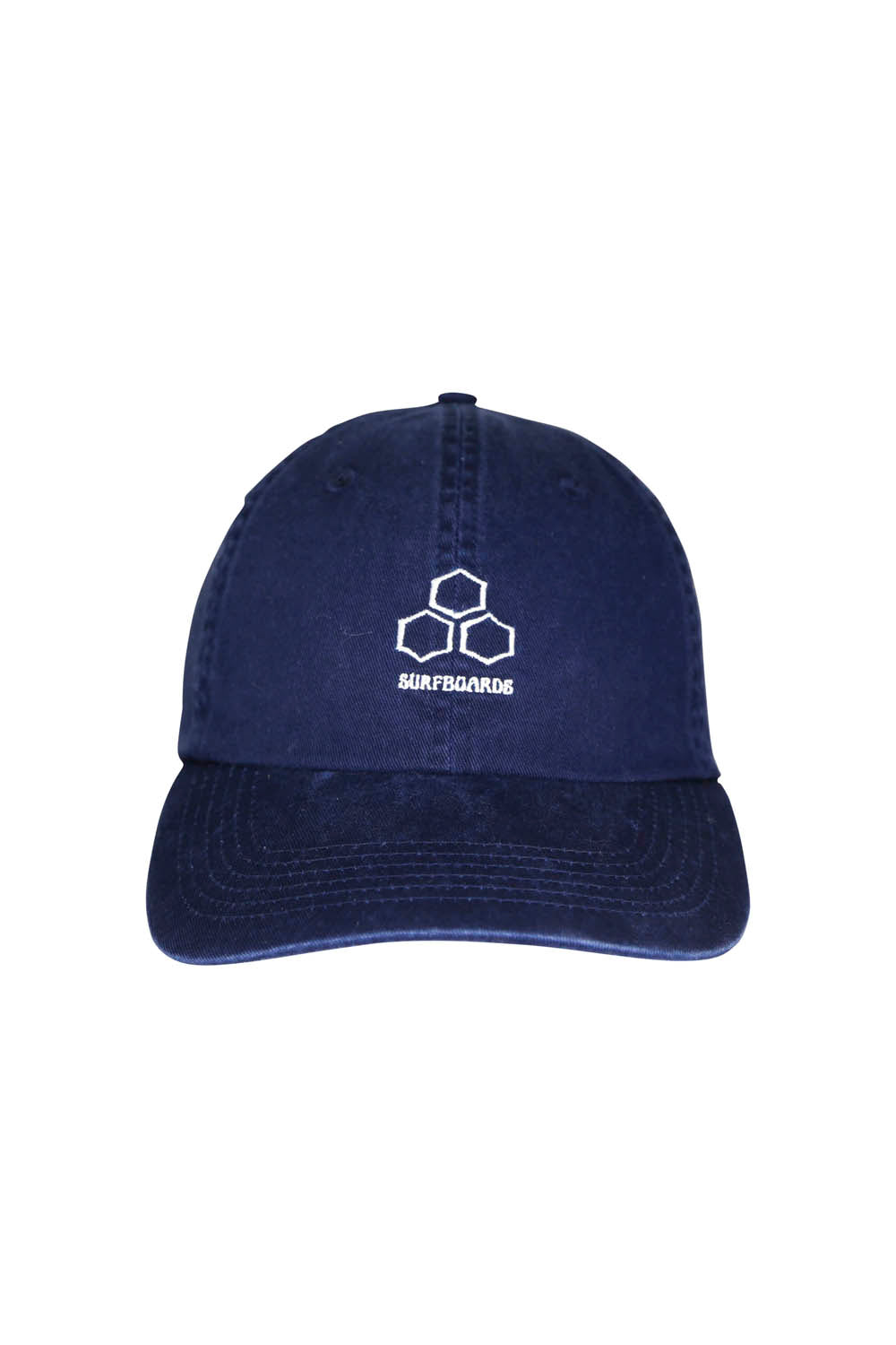Navy blue cap with white logo and text on a white background