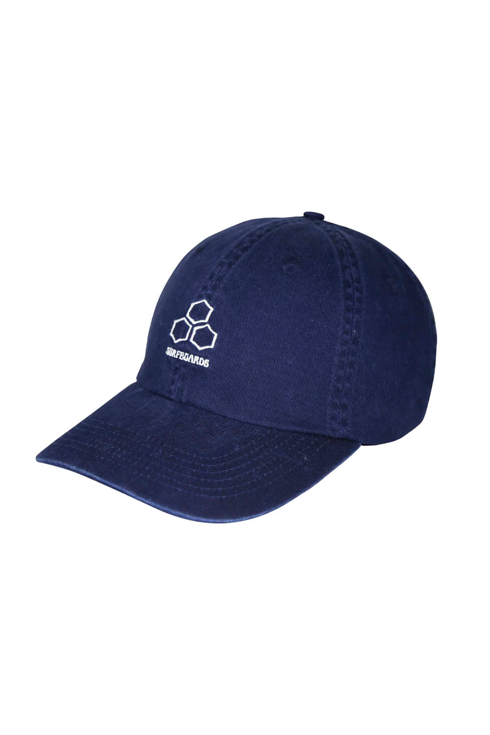 Navy cap with white text on a white background