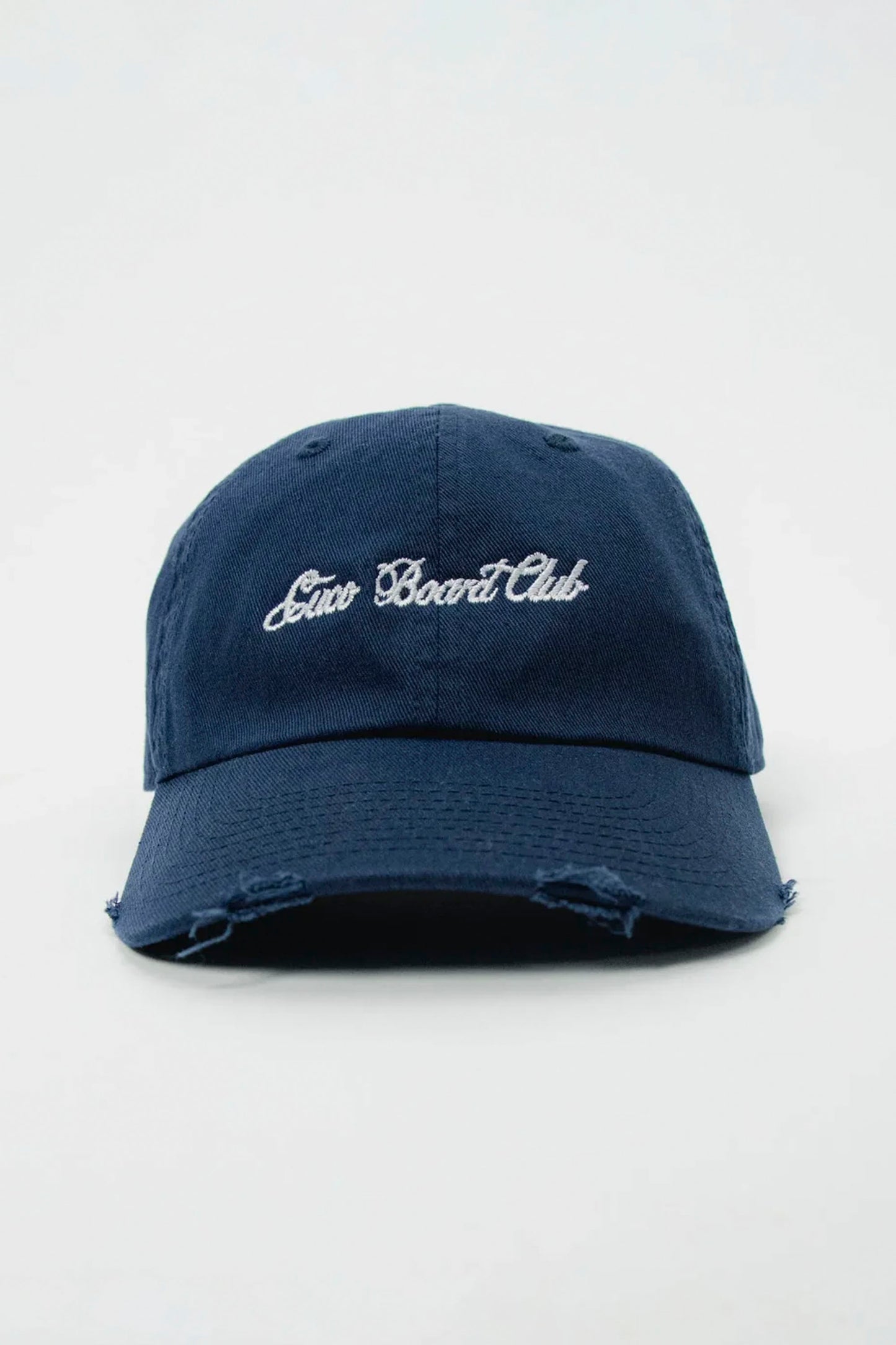 CUCO BOARD CLUB Script Low Profile Cap in Dark Ocean Navy - White embroidered signature on garment-washed cotton twill dad hat