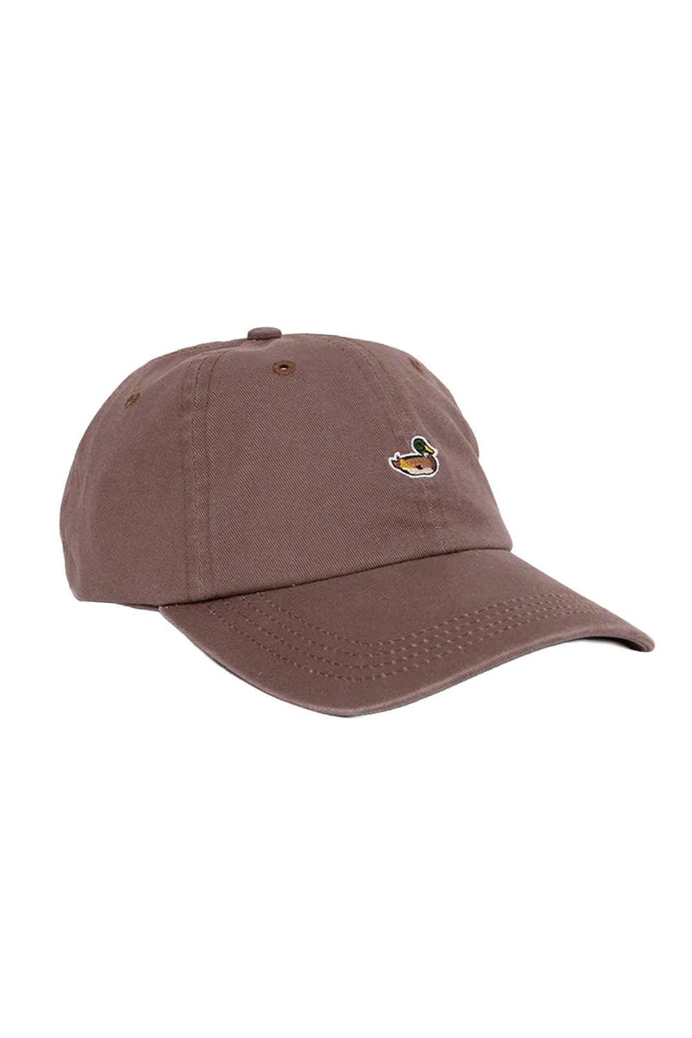 A brown cotton baseball cap with a small embroidered duck logo on the front, set against a plain white background.
