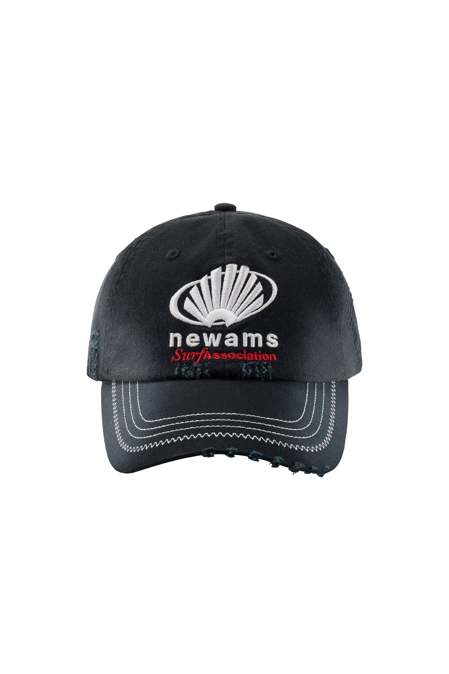 NEW AMSTERDAM SURF ASSOCIATION black sponsor cap with distressed finish and all-over embroidered logos