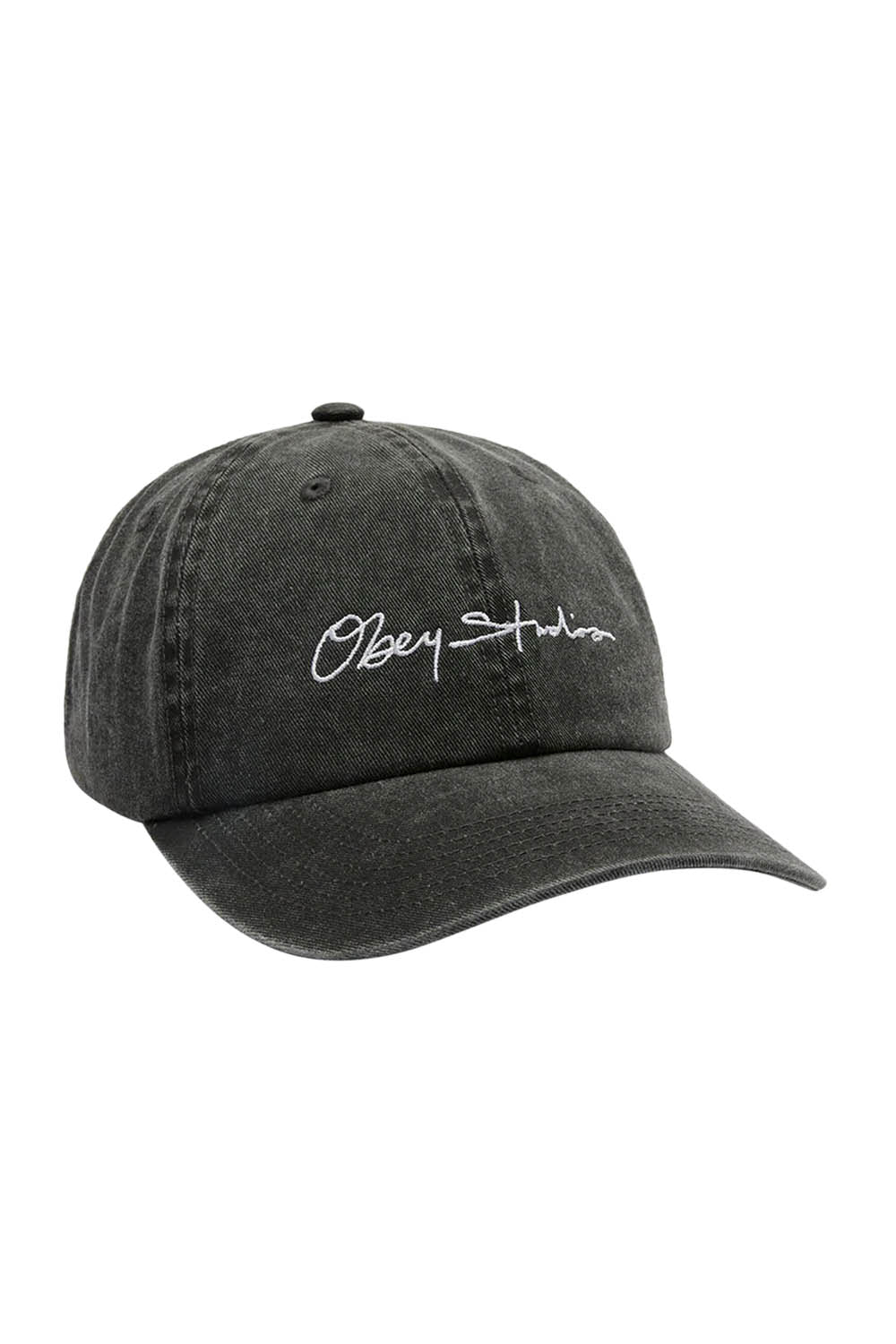 Black cap with white embroidered text on a white background