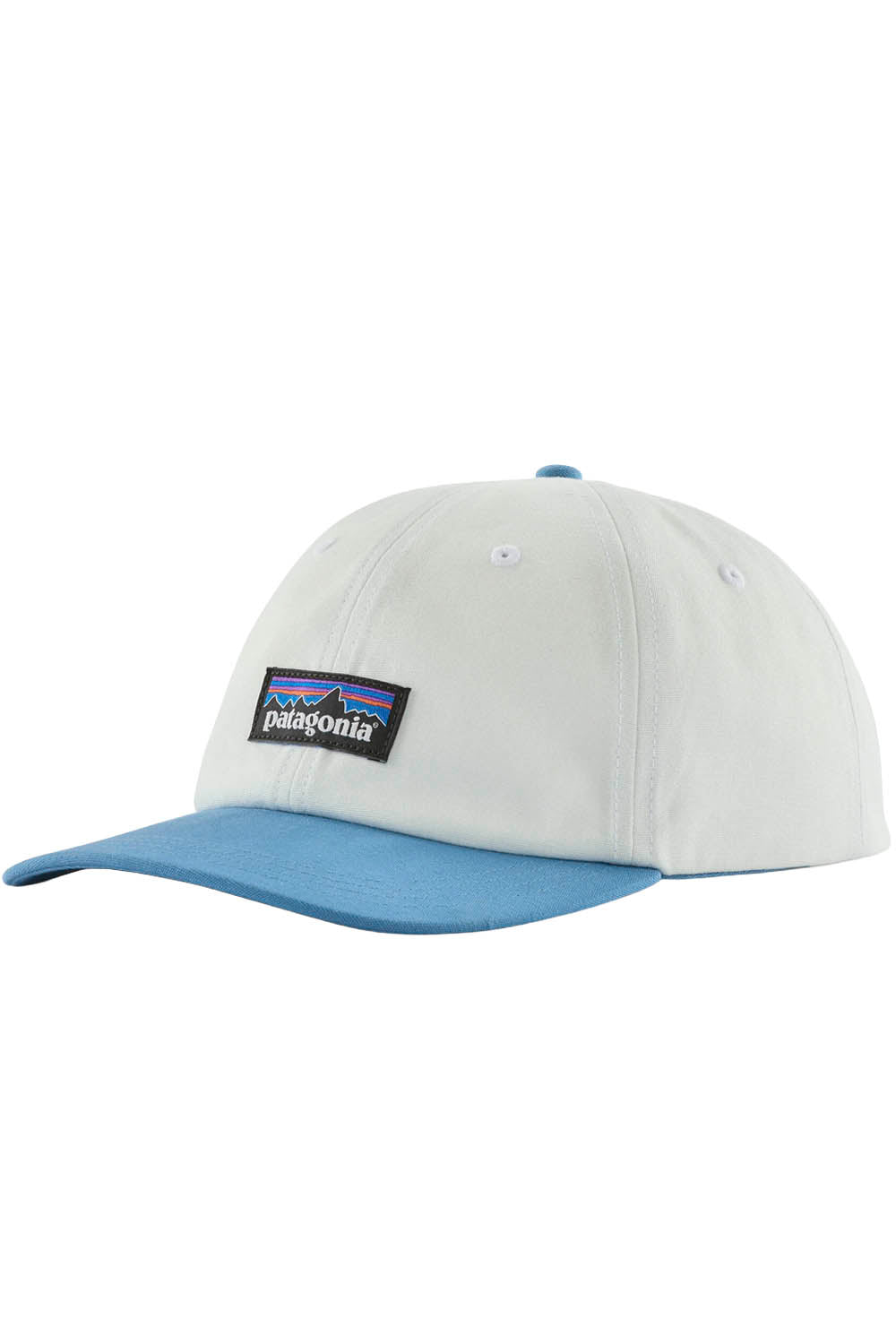 A Patagonia baseball cap in white and blue, featuring the brand's signature logo patch on the front.
