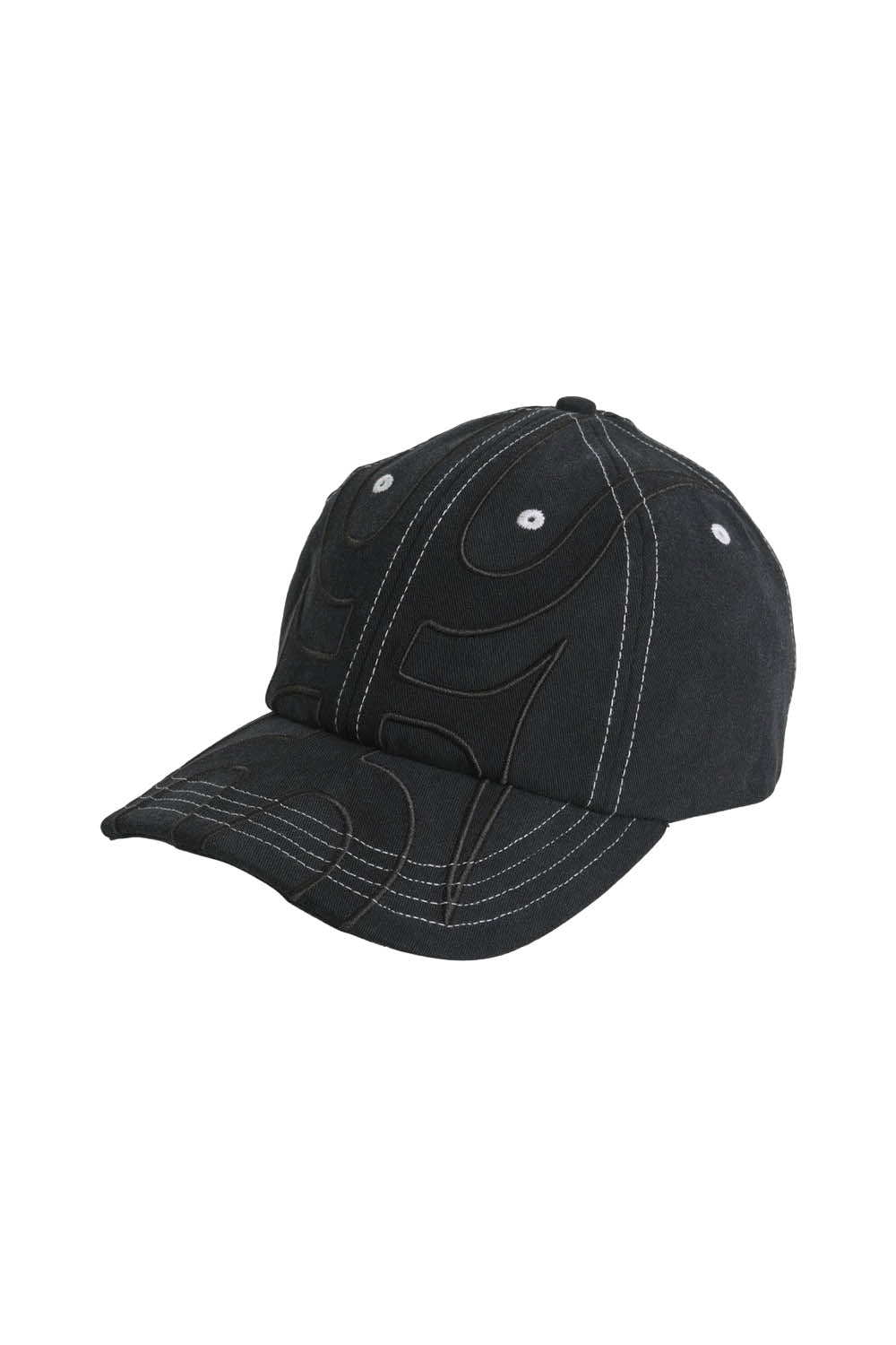 Black cap with a logo on a light gray background
