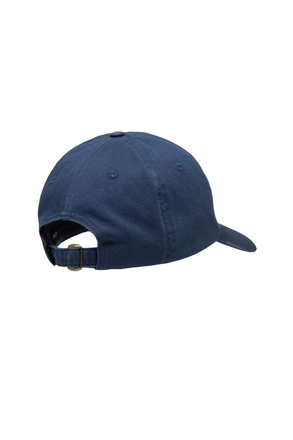 A navy blue baseball cap shown from a side-back angle, featuring a curved brim and an adjustable strap with a small gold-tone metal buckle, set against a plain white background.