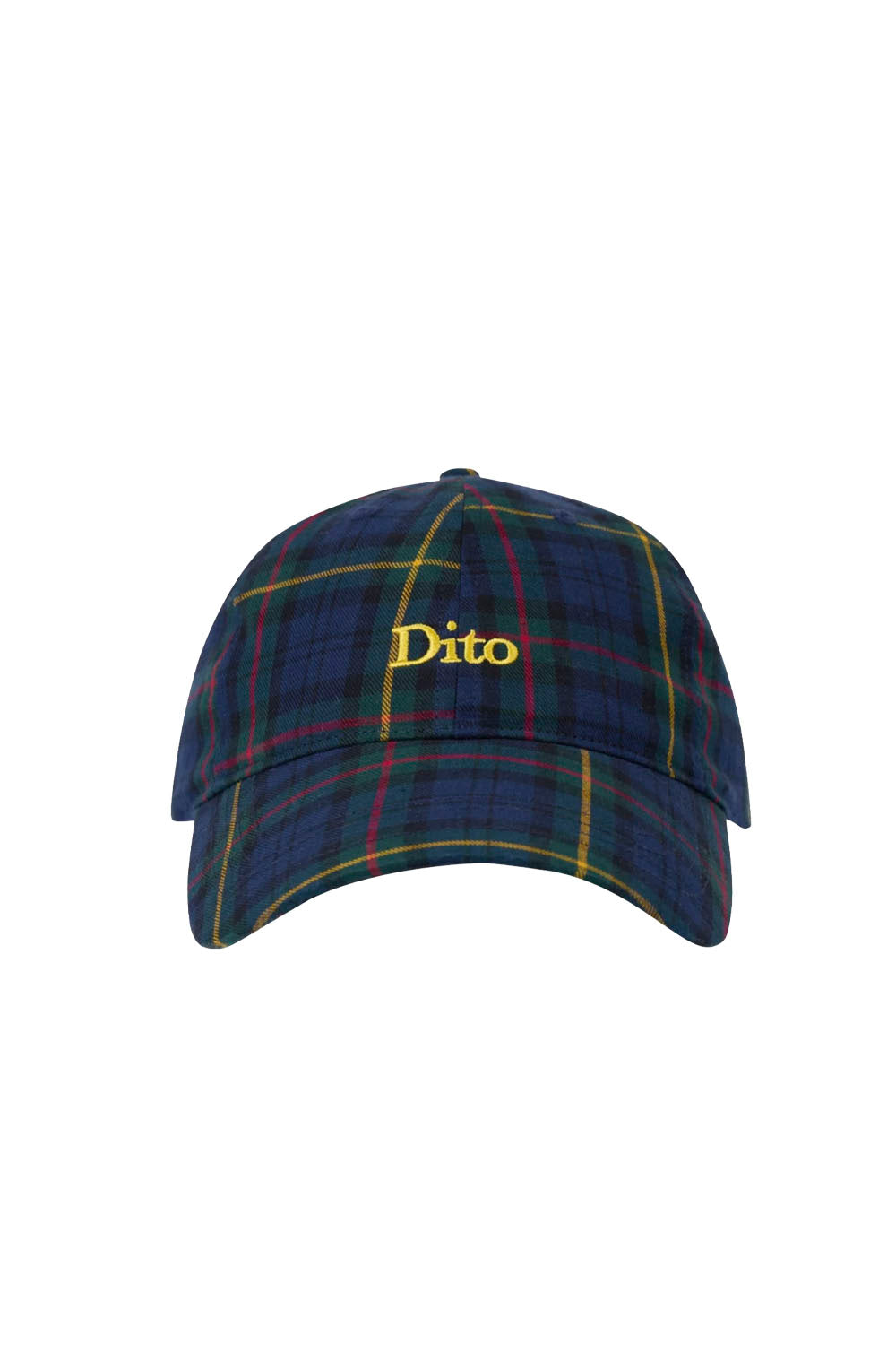 A navy blue plaid baseball cap with thin yellow and red intersecting lines, featuring the name 'Dito' embroidered in yellow on the front, set against a plain white background.