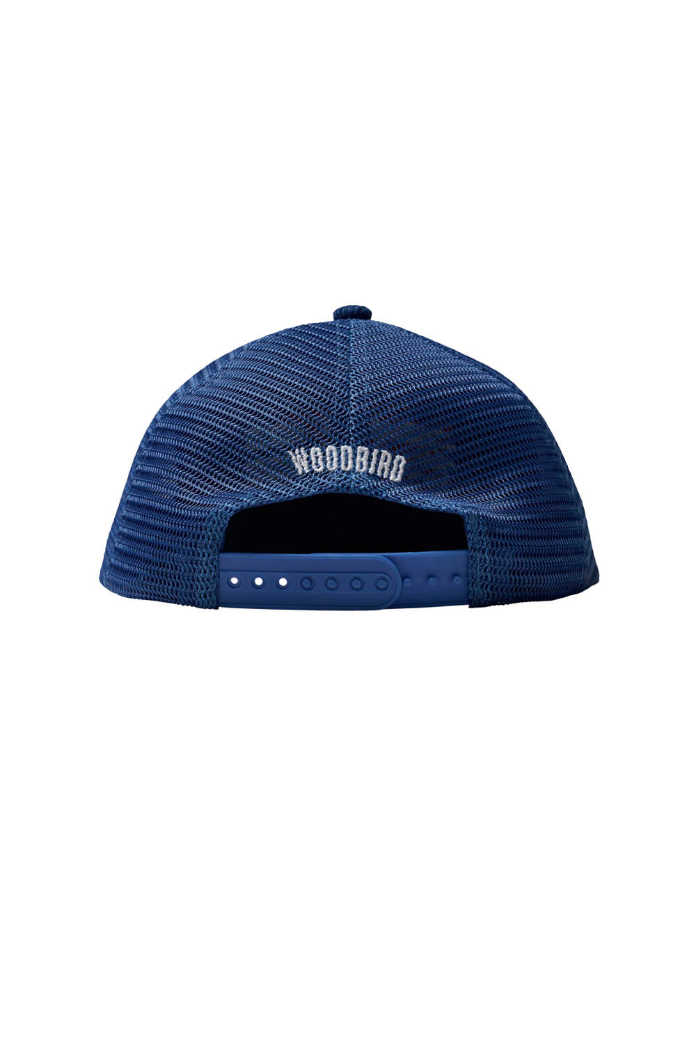 A navy blue trucker-style cap shown from the back, featuring a white embroidered 'WOODGRIP' logo on the mesh back and a matching navy blue snapback closure strap.
