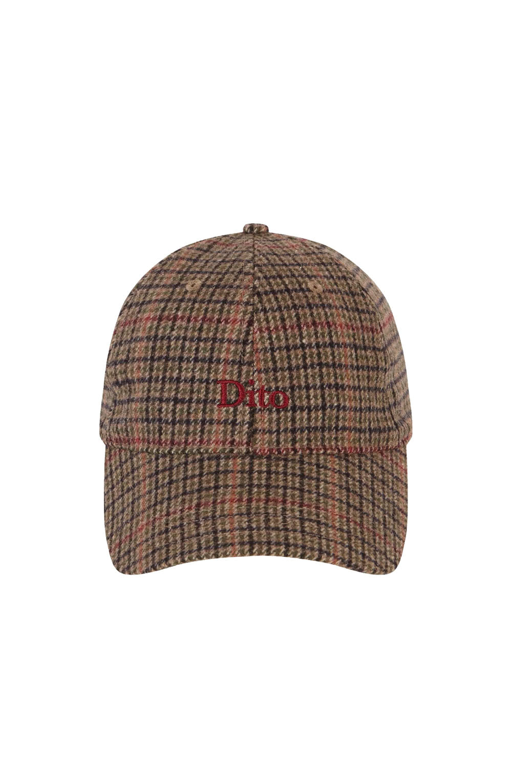 A Dior baseball cap in a brown and beige plaid tweed pattern with red embroidered logo on the front, set against a plain white background.