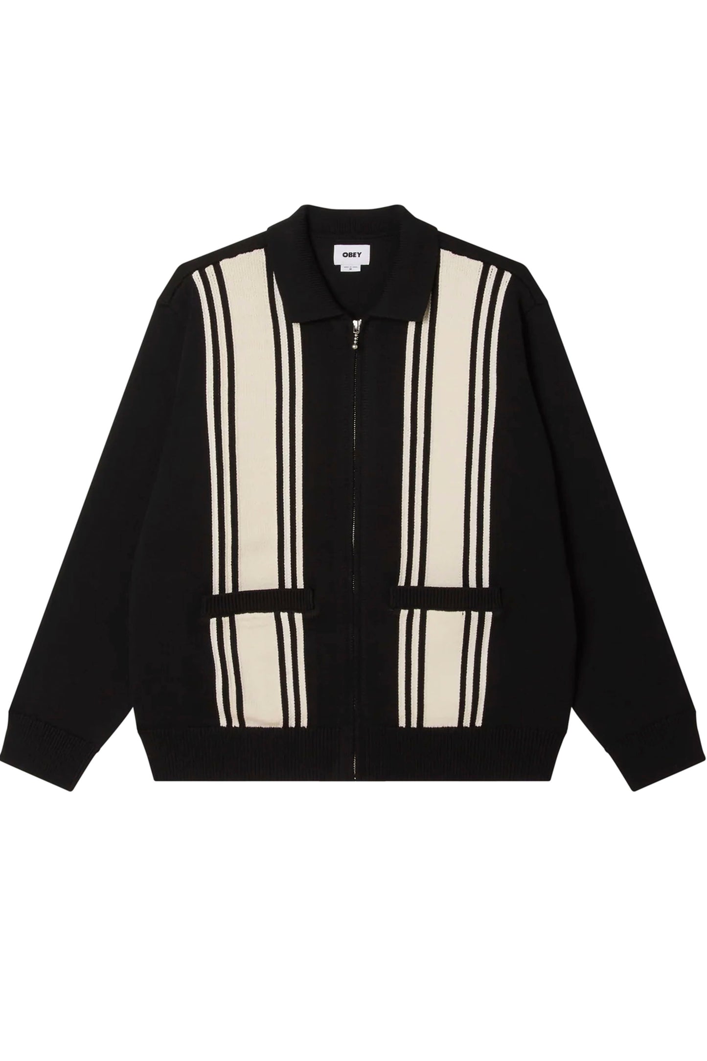 Black OBEY Matt Zip Up Sweater with white stripe pattern on a white background