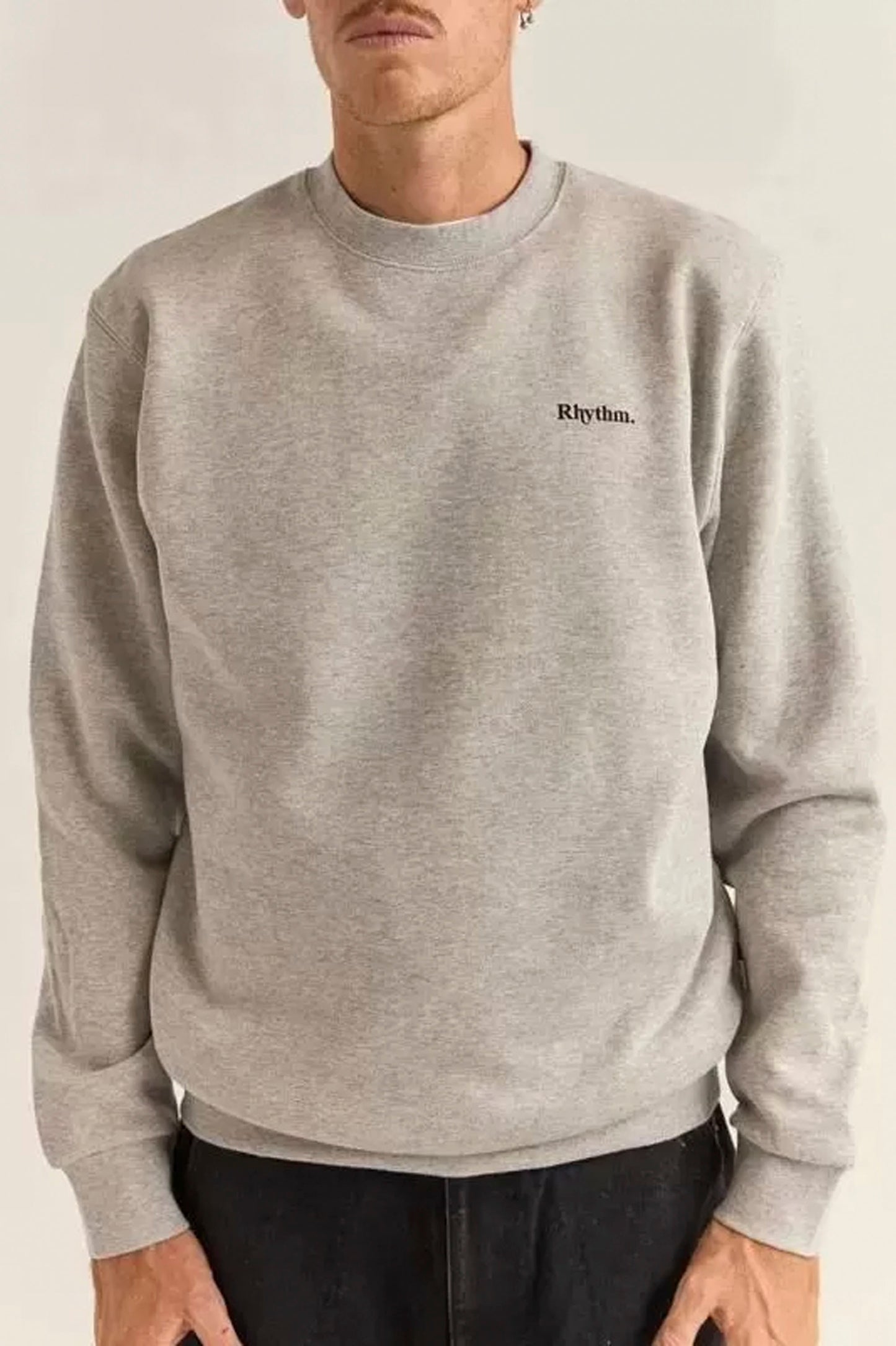 RHYTHM Brand Fleece Crew in grey heather - oversized crew neck sweatshirt in super-soft brushed fleece with ribbed detailing for men