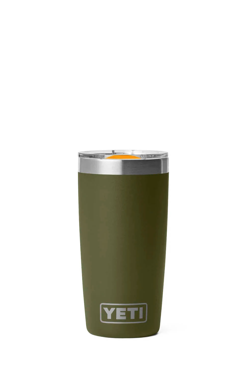 An olive green YETI insulated tumbler with a clear lid and bright orange flip-top straw, shown on a plain white background.
