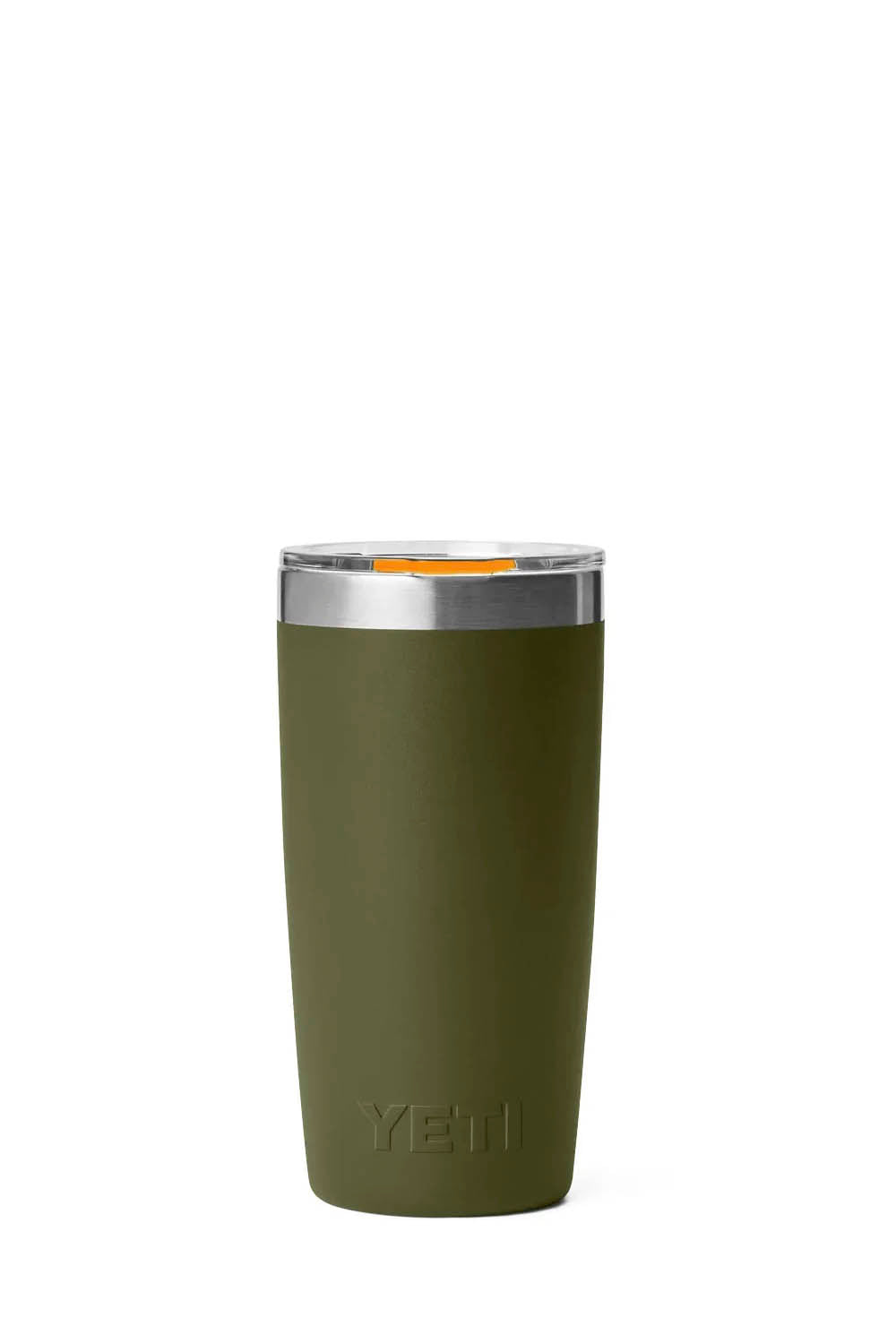 An olive green YETI insulated tumbler with a clear lid and bright orange flip-top straw, shown on a plain white background.
