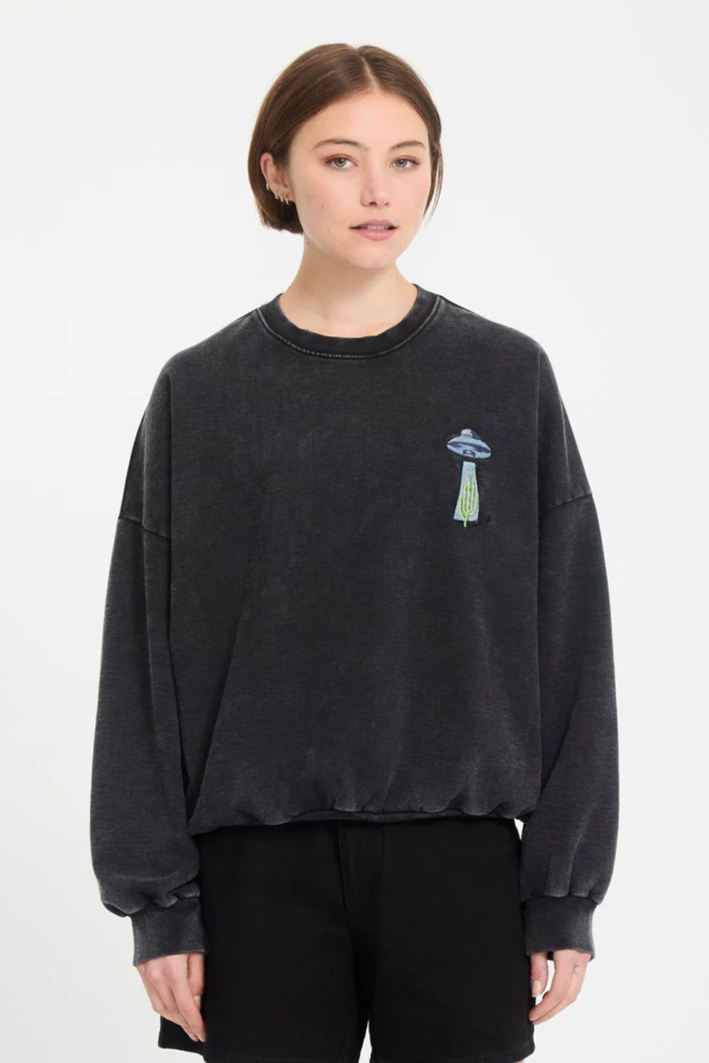 VOLCOM FA Mickey Mason Crew vintage black women's sweatshirt – artist collab surf lifestyle layering piece

