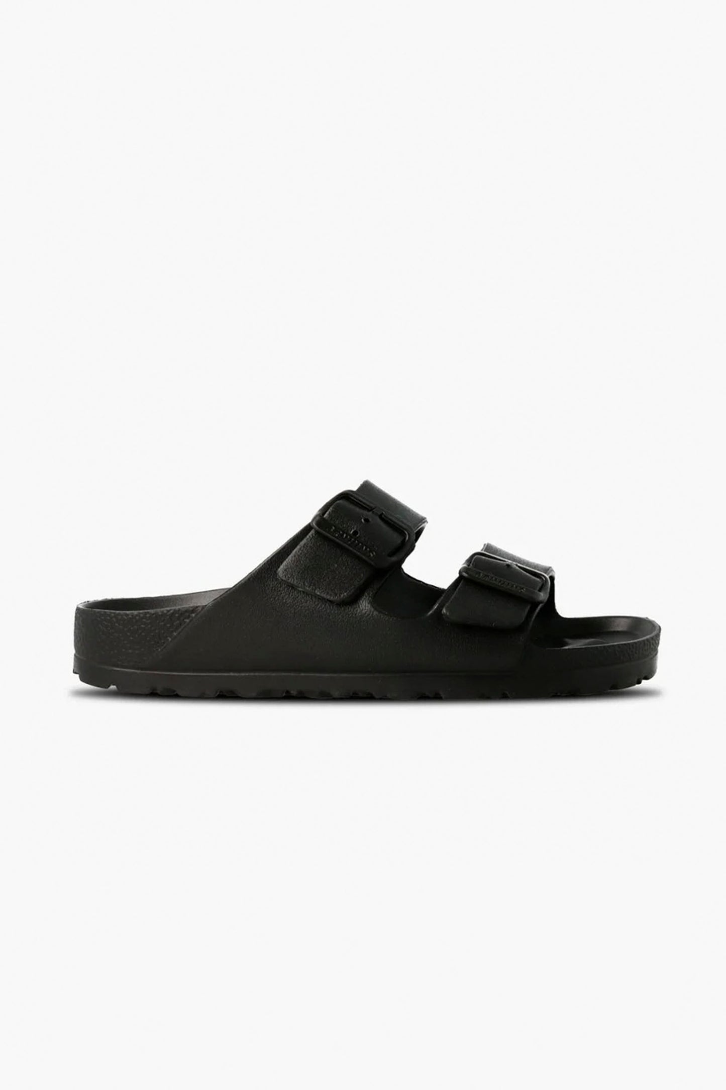 Black sandal with two straps on a white background